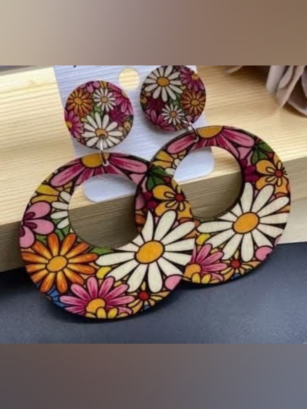 Floral Daisy Hoop Statement Earrings Pink Yellow Wood New Large Flower Power